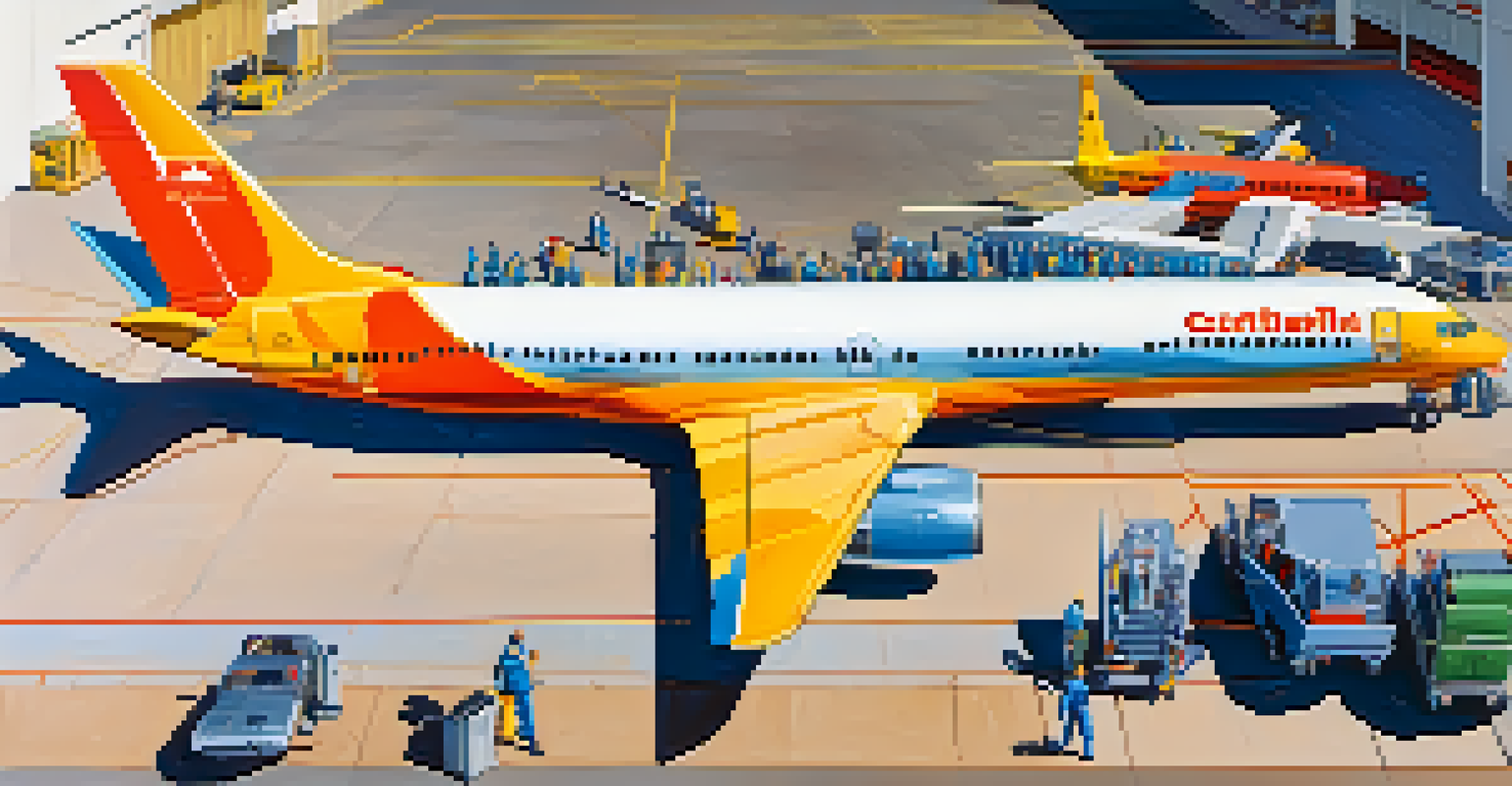 An aerial view of a colorful airplane at the terminal with passengers boarding and ground crew loading luggage.