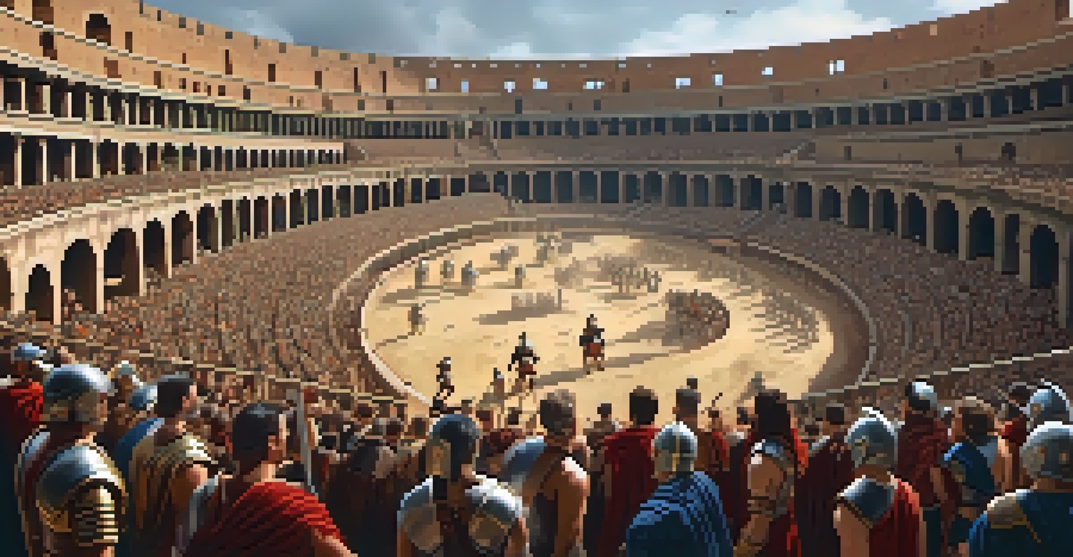 A reenactment of a gladiatorial contest inside the Colosseum with gladiators in armor and a cheering crowd.