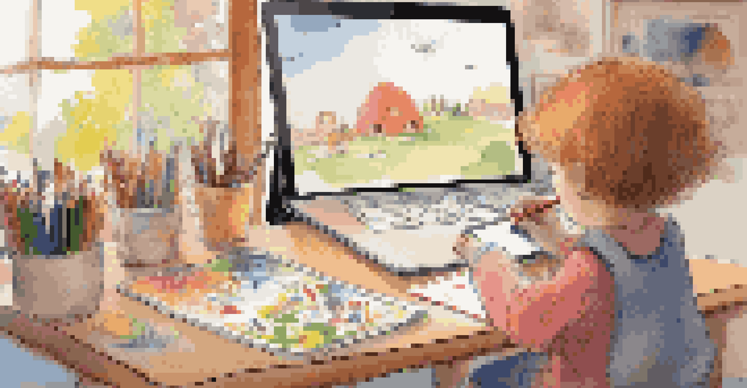 A young child using a drawing app on a tablet, surrounded by art supplies, in a warm and inviting environment.