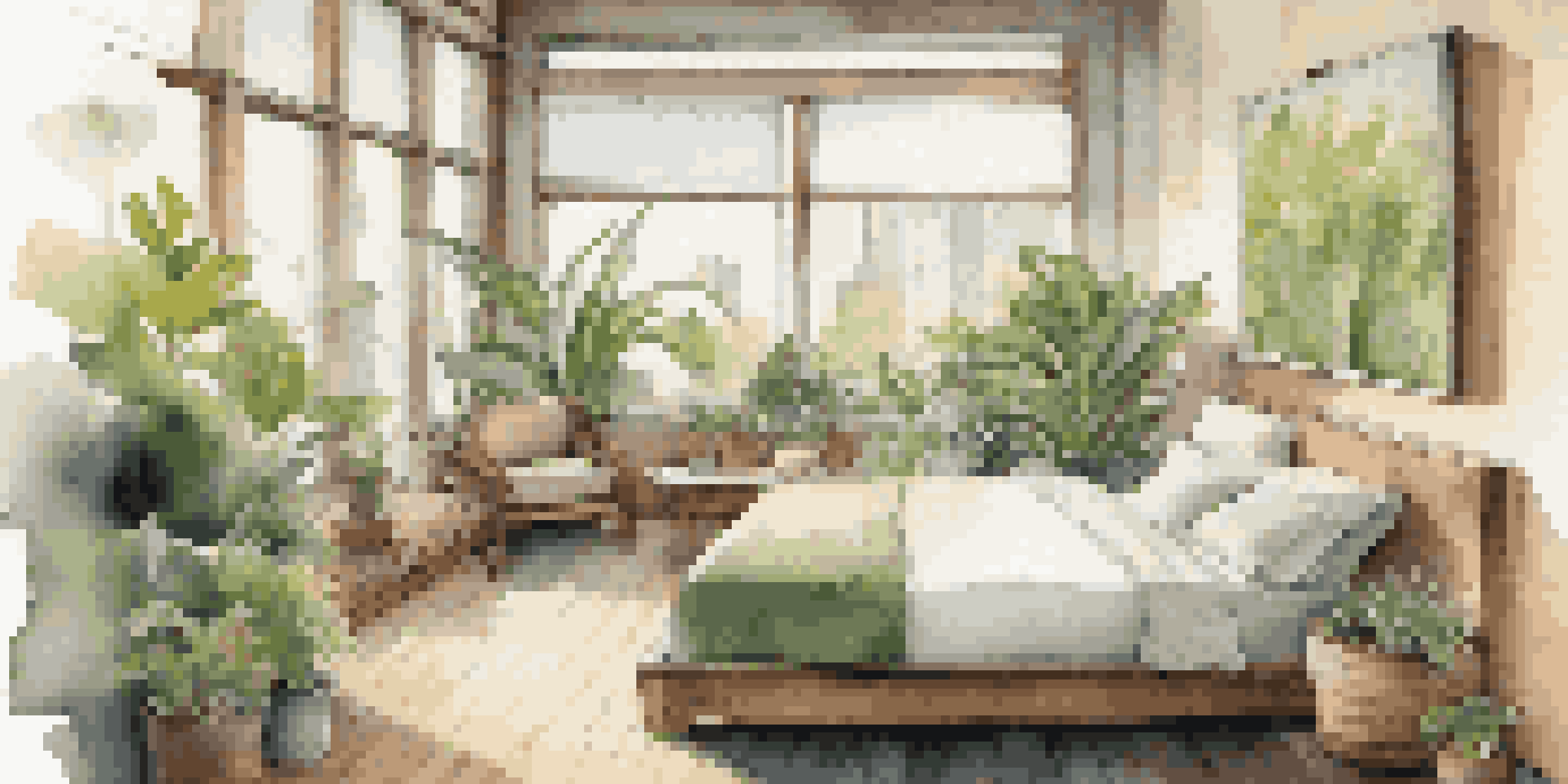 A bright and cozy eco-friendly hotel room with reclaimed wood furniture, plants, and a view of a rooftop garden.