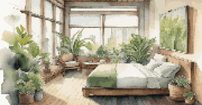 A bright and cozy eco-friendly hotel room with reclaimed wood furniture, plants, and a view of a rooftop garden.