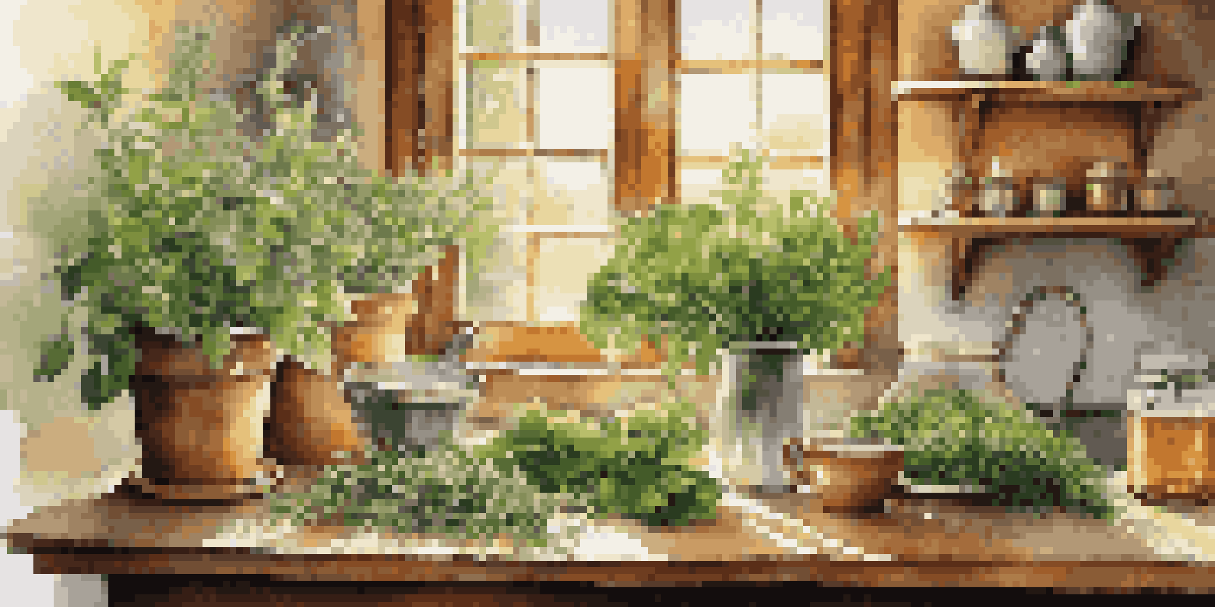 A rustic kitchen table with fresh herbs and a steaming cup of herbal tea, illuminated by sunlight.