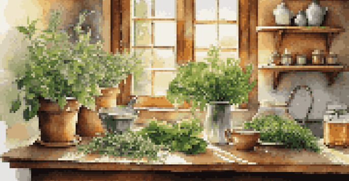 A rustic kitchen table with fresh herbs and a steaming cup of herbal tea, illuminated by sunlight.