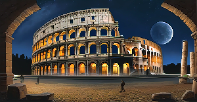 The illuminated Colosseum in Rome at night with a starry sky and shadows on the ground.