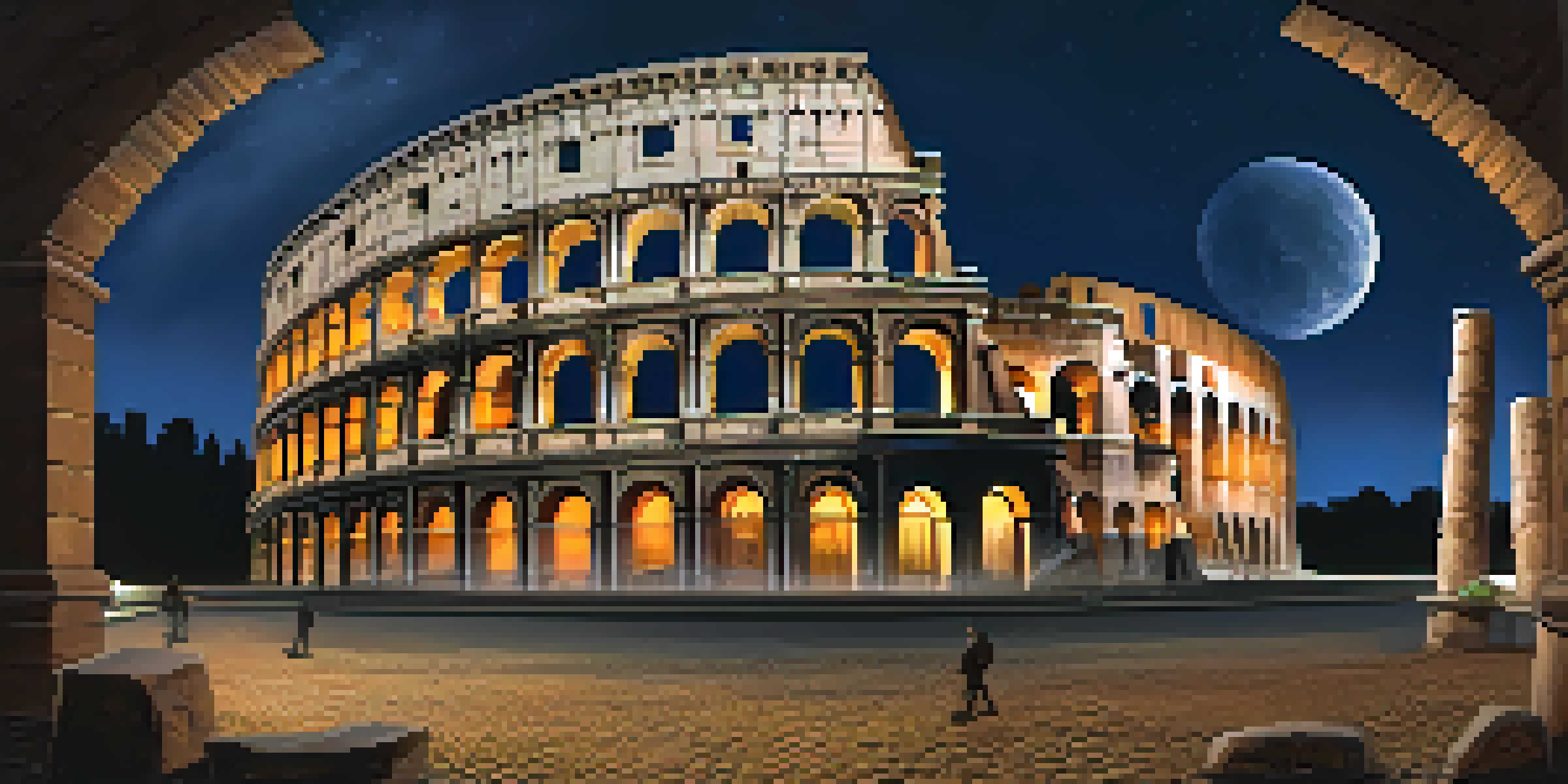 The illuminated Colosseum in Rome at night with a starry sky and shadows on the ground.