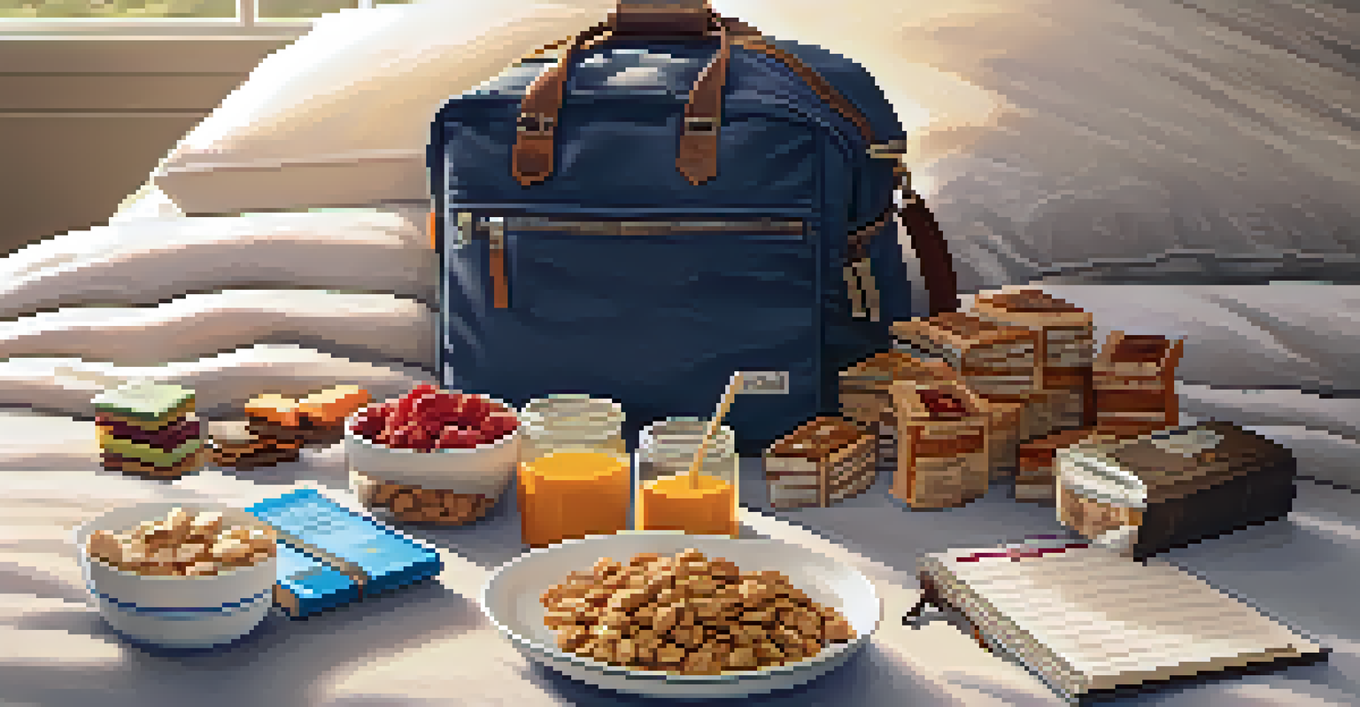 An open travel bag on a bed filled with allergy-safe snacks and a notepad listing allergies.