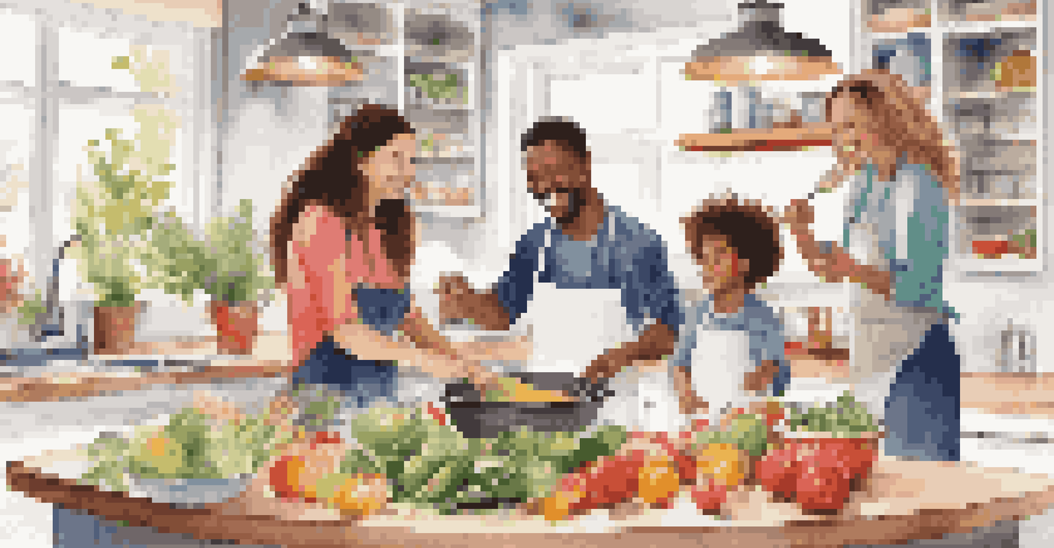 A family of four participating in a cooking class, with a chef guiding them in a bright kitchen filled with colorful ingredients.