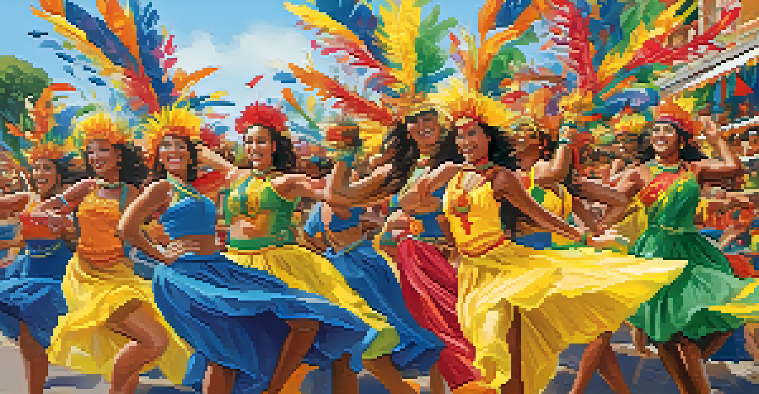 A vibrant Brazilian festival scene with dancers in colorful costumes, showcasing the energy and joy of cultural celebrations.