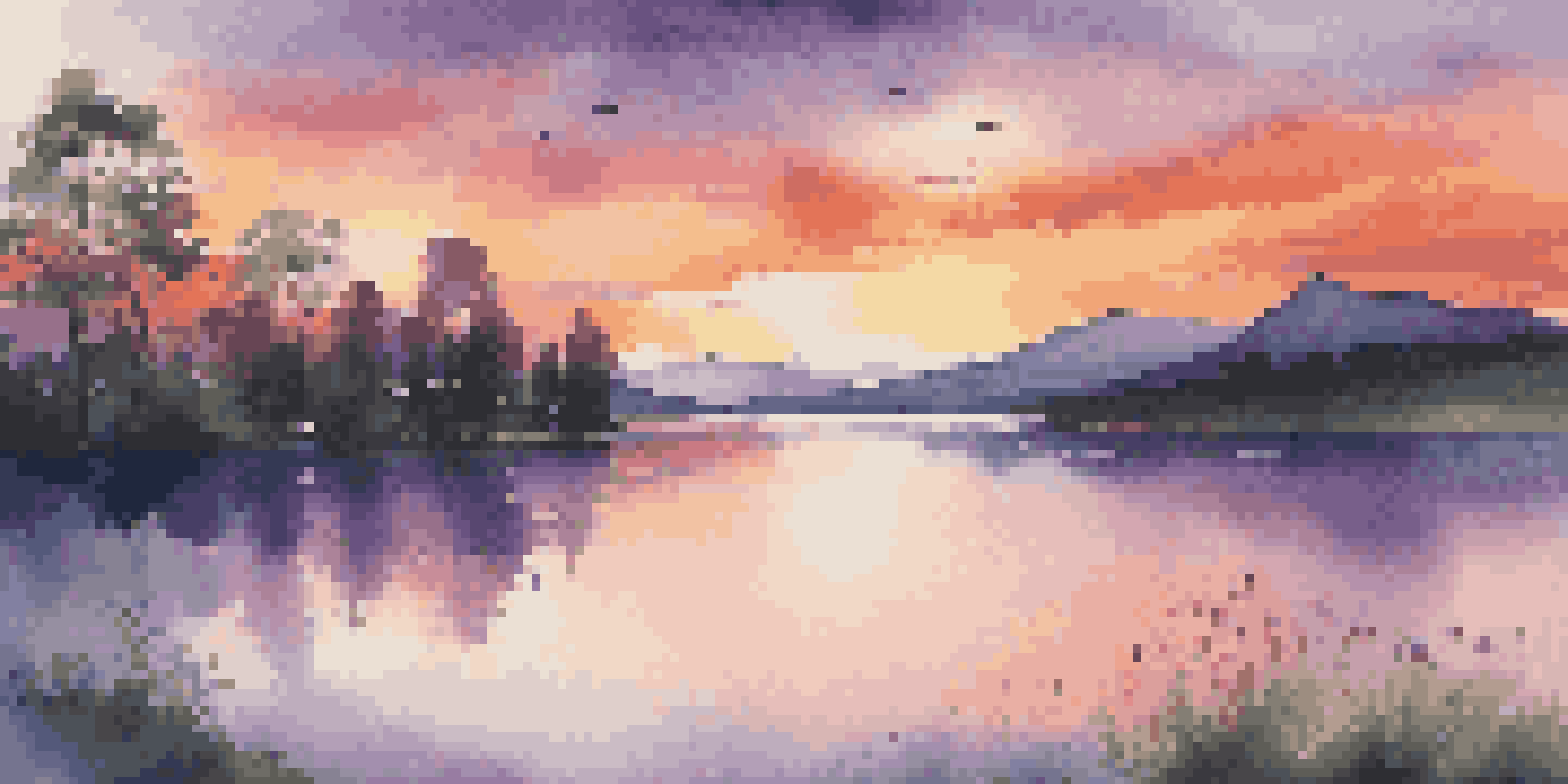 A serene sunset landscape with a lake, mountains in the background, and green trees, displaying vibrant colors.