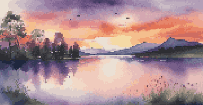 A serene sunset landscape with a lake, mountains in the background, and green trees, displaying vibrant colors.