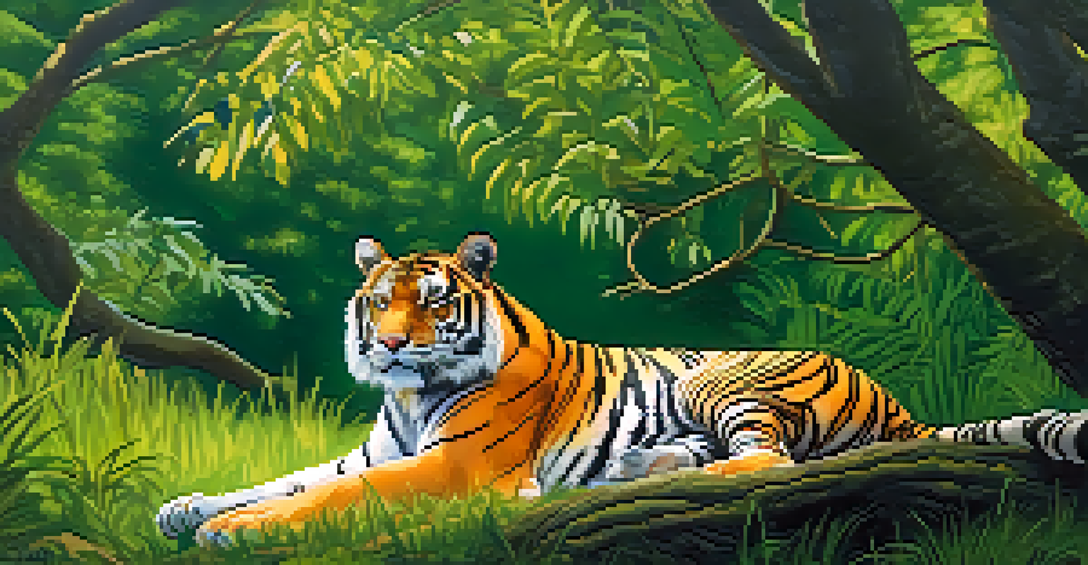 A tiger resting in a lush habitat with travelers observing in the background, illuminated by soft sunlight.