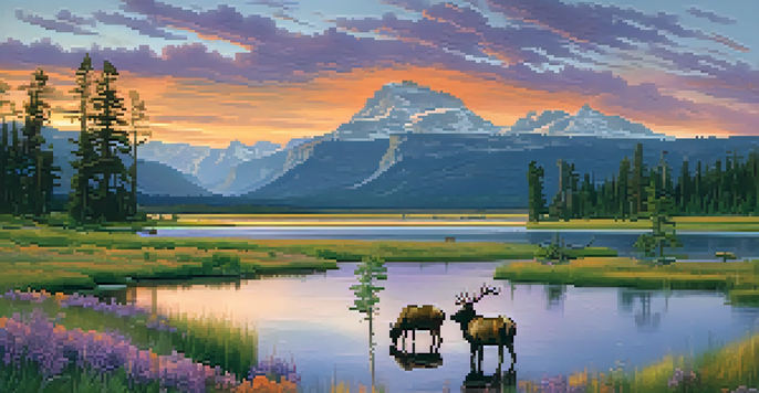 A sunset view of Yellowstone National Park featuring vibrant sky colors, a calm lake, green meadows with wildflowers, and grazing elk.