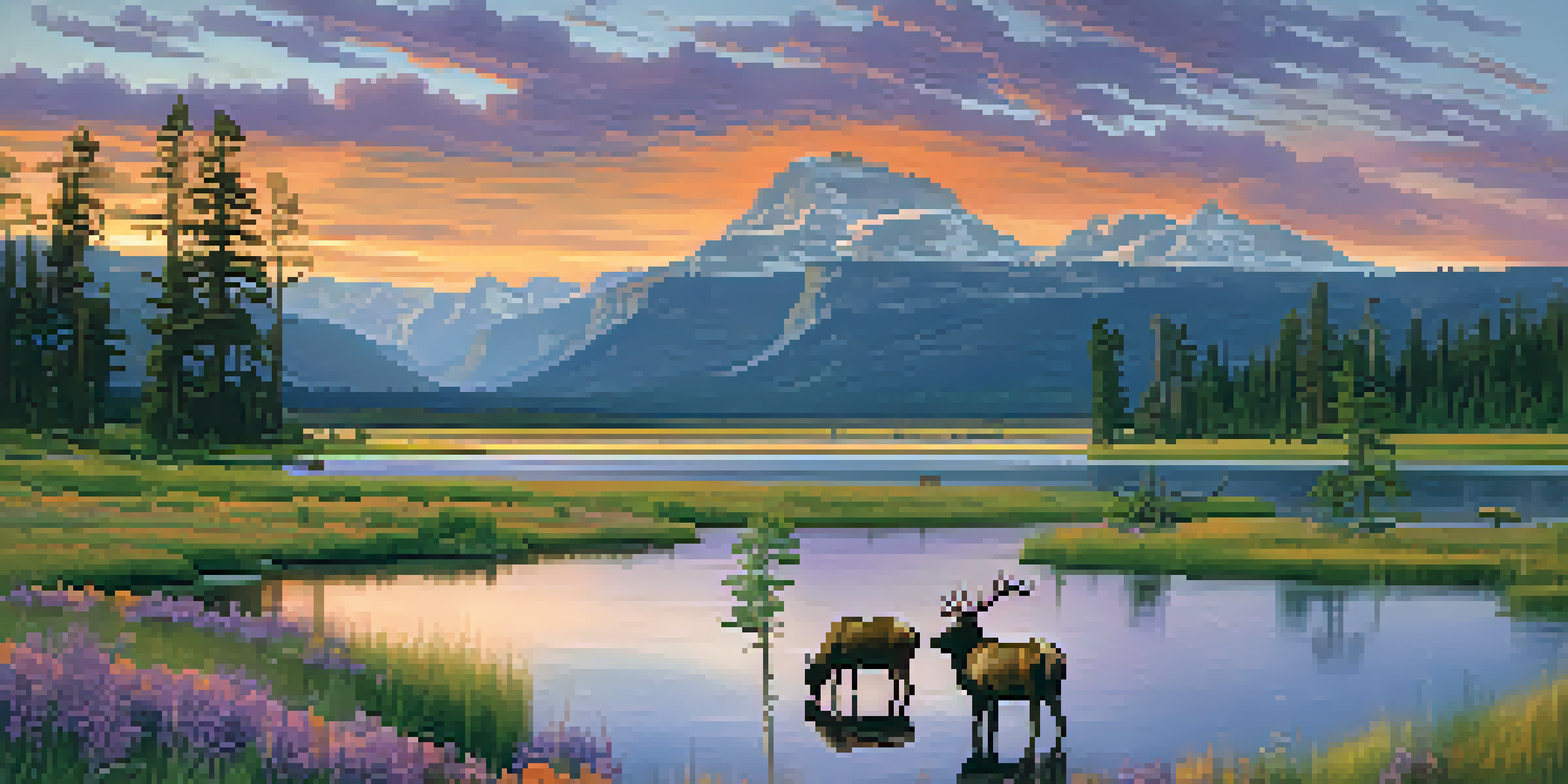 A sunset view of Yellowstone National Park featuring vibrant sky colors, a calm lake, green meadows with wildflowers, and grazing elk.