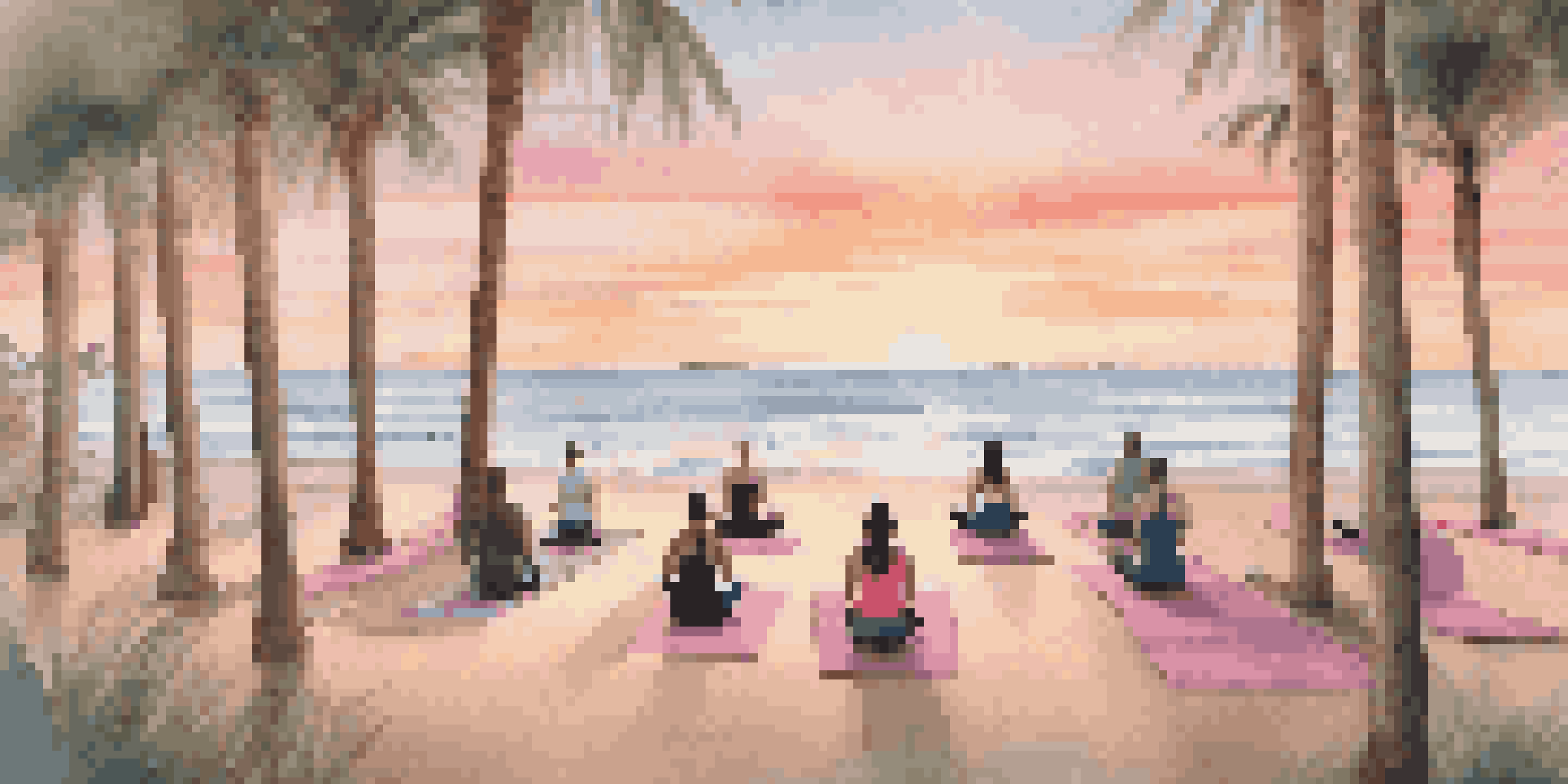 A peaceful beach at sunrise with a yoga class, surrounded by palm trees and an eco-friendly resort in the background.