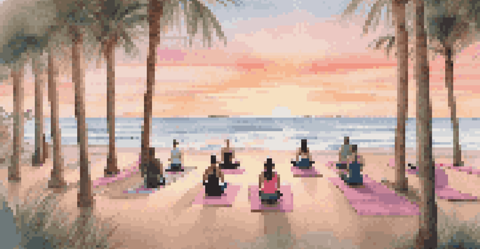 A peaceful beach at sunrise with a yoga class, surrounded by palm trees and an eco-friendly resort in the background.