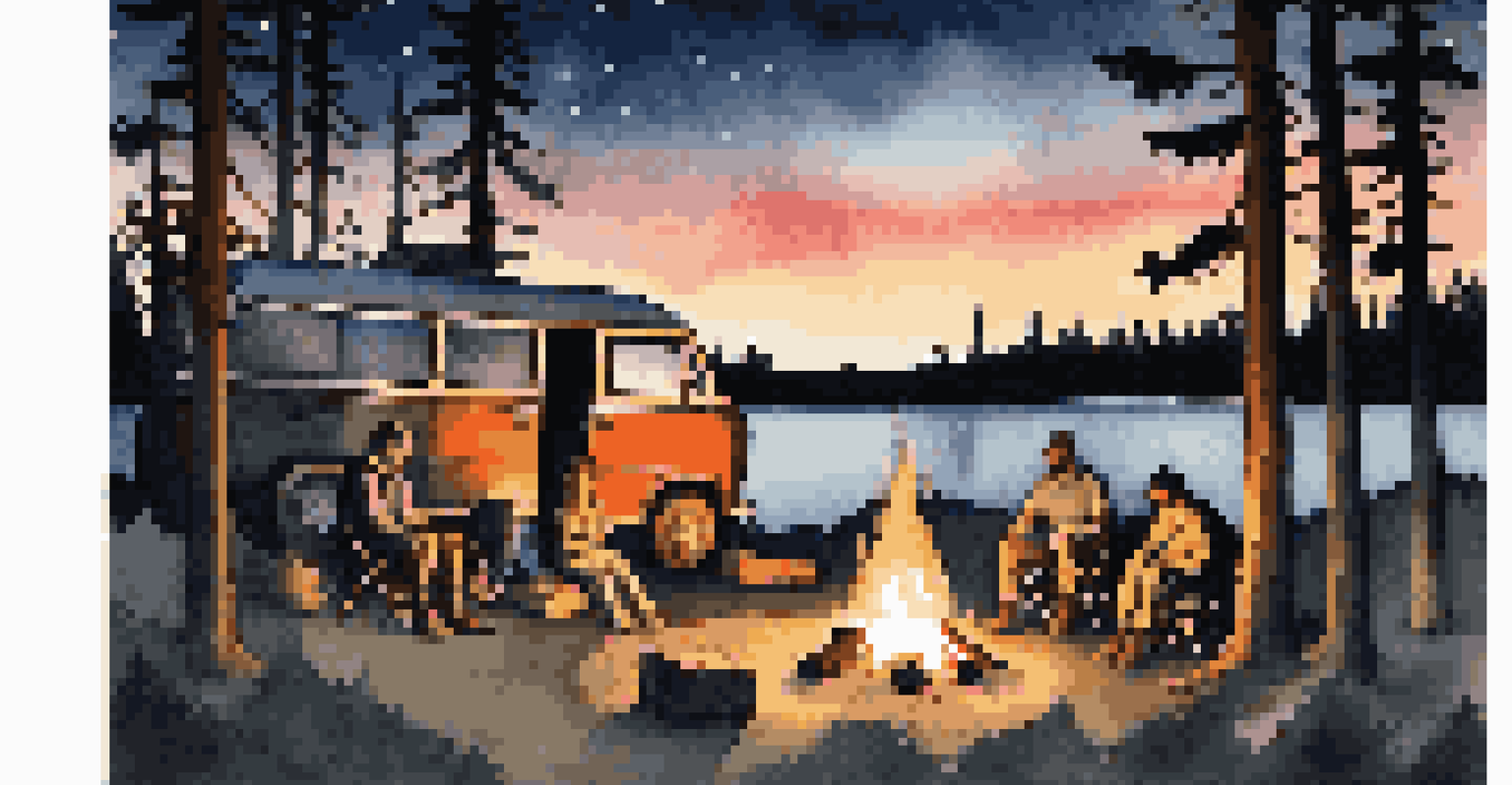 Group of travelers around a campfire at night, enjoying each other's company under the stars.