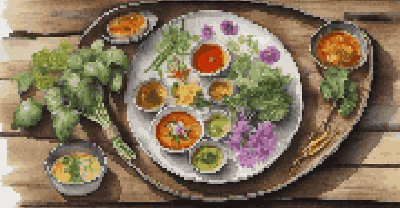 A close-up of a colorful plate of Thai food, garnished with herbs and flowers, on a rustic wooden table.