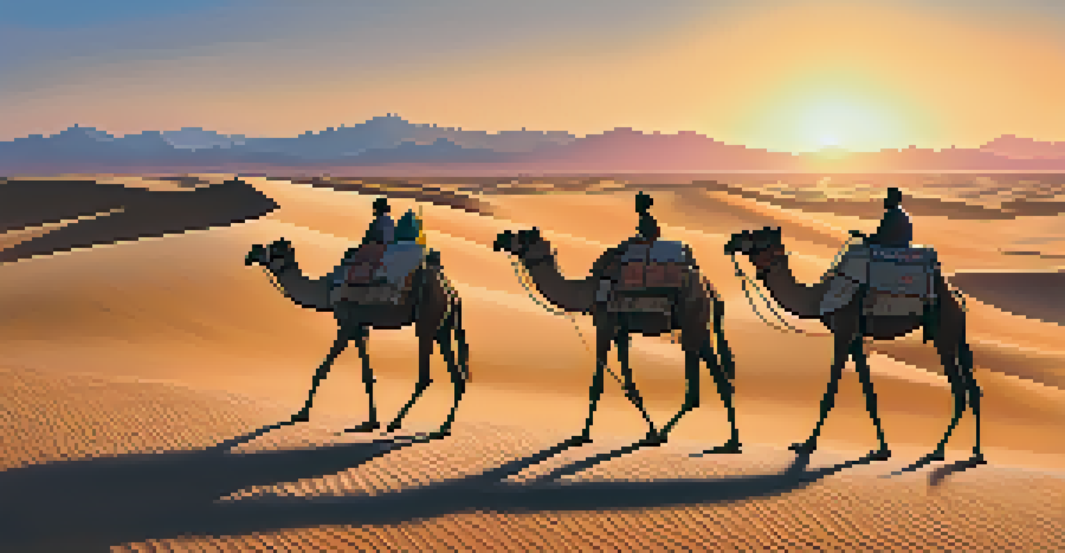 A caravan of camels crossing the Taklamakan Desert at sunset, with sand dunes and mountains in the background.