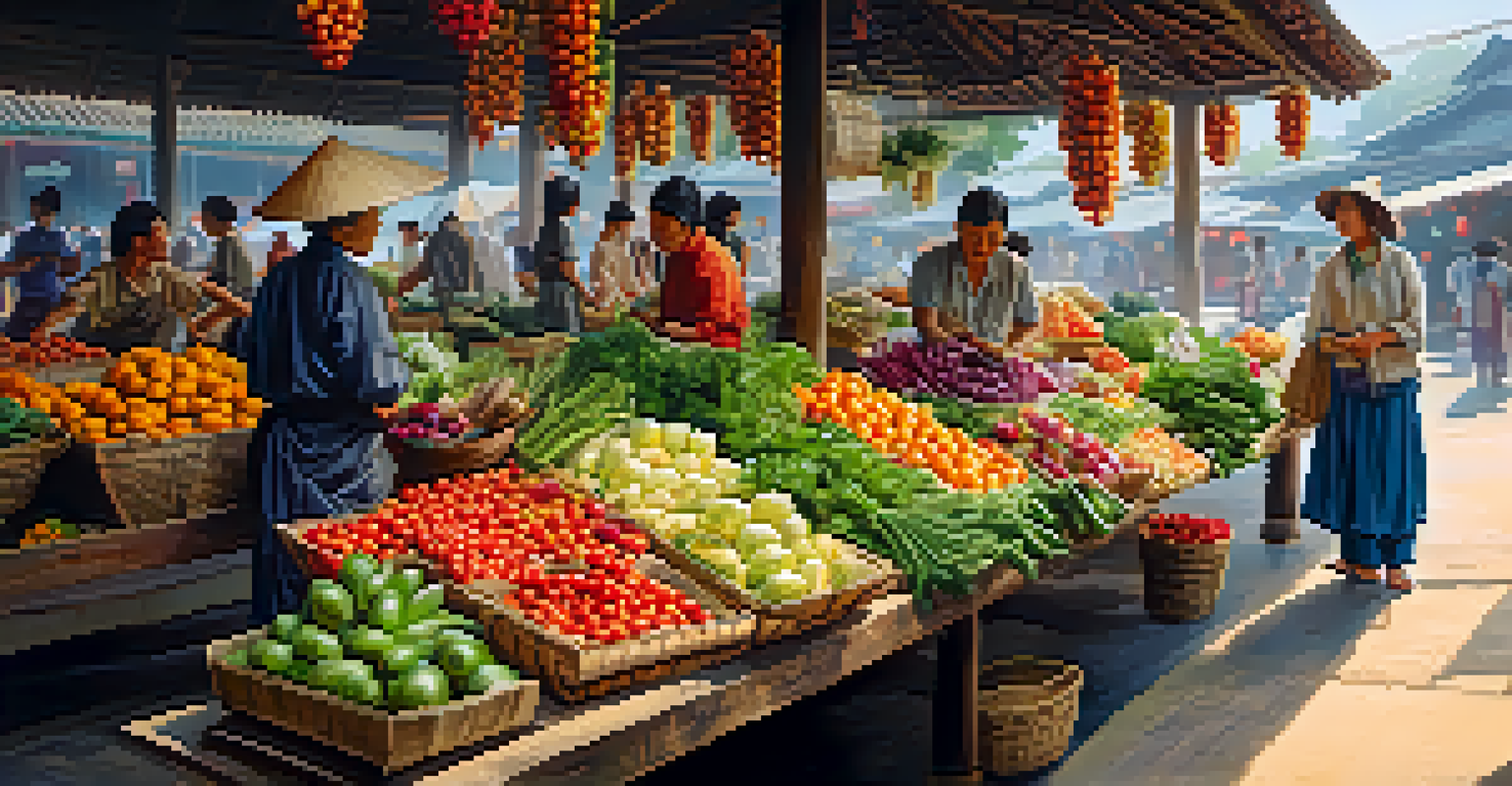 An Asian market bustling with vendors and colorful produce under natural sunlight.