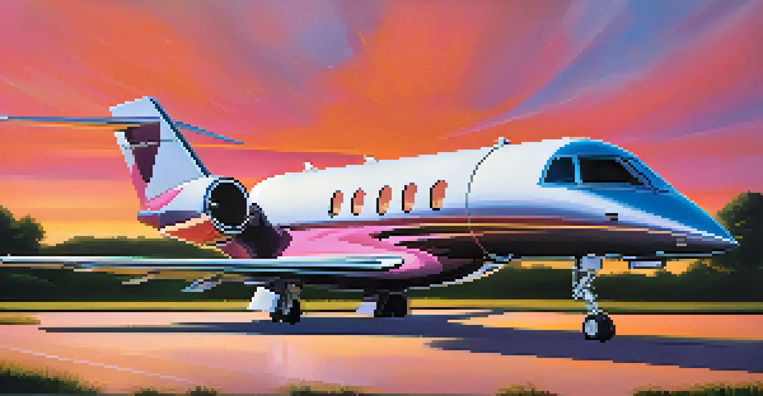 A sleek private jet on a runway at sunset with vibrant colors and a business professional walking towards it.