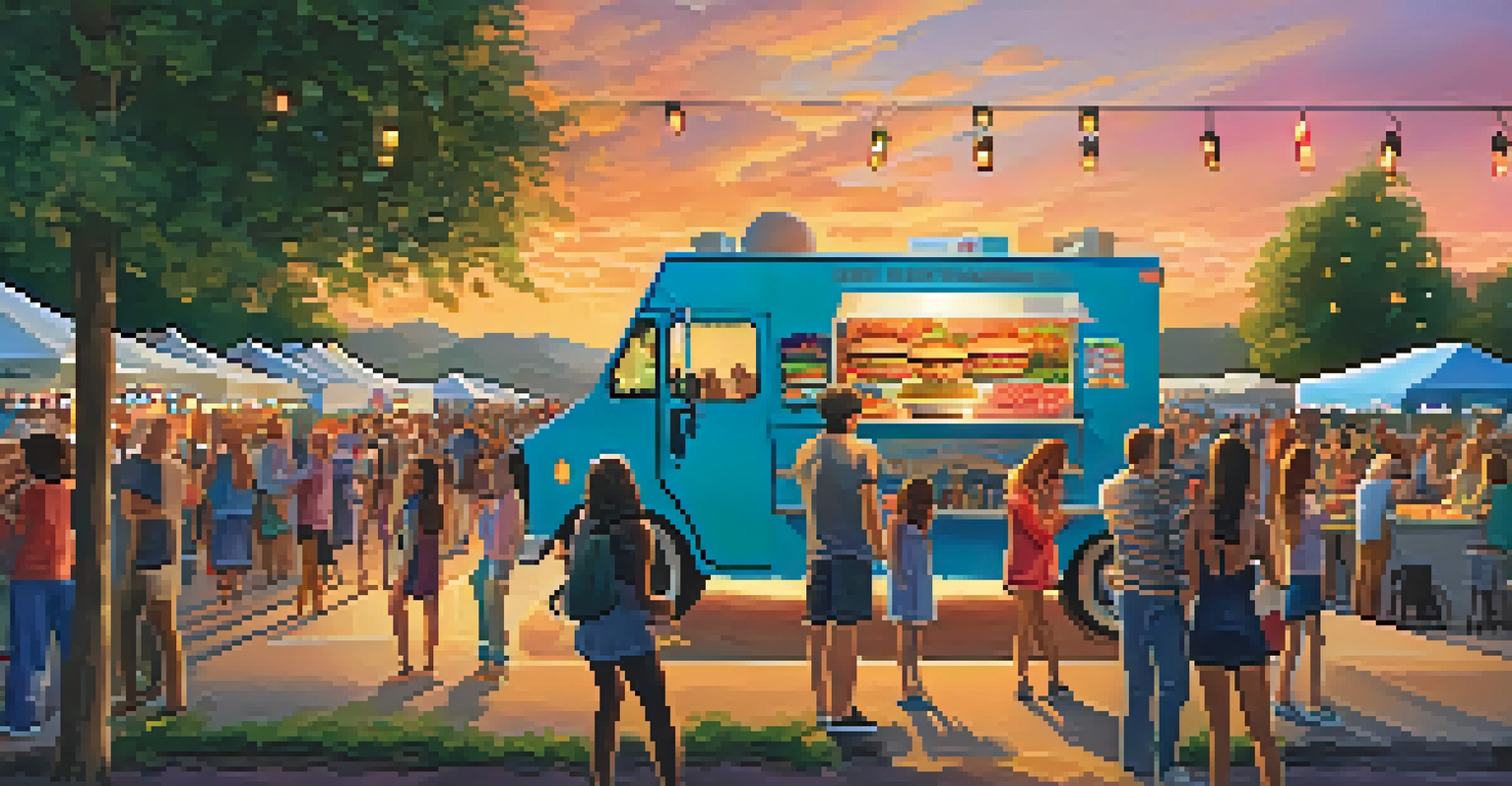 A vibrant food truck festival with people enjoying food and music, colorful trucks, and a warm sunset glow.
