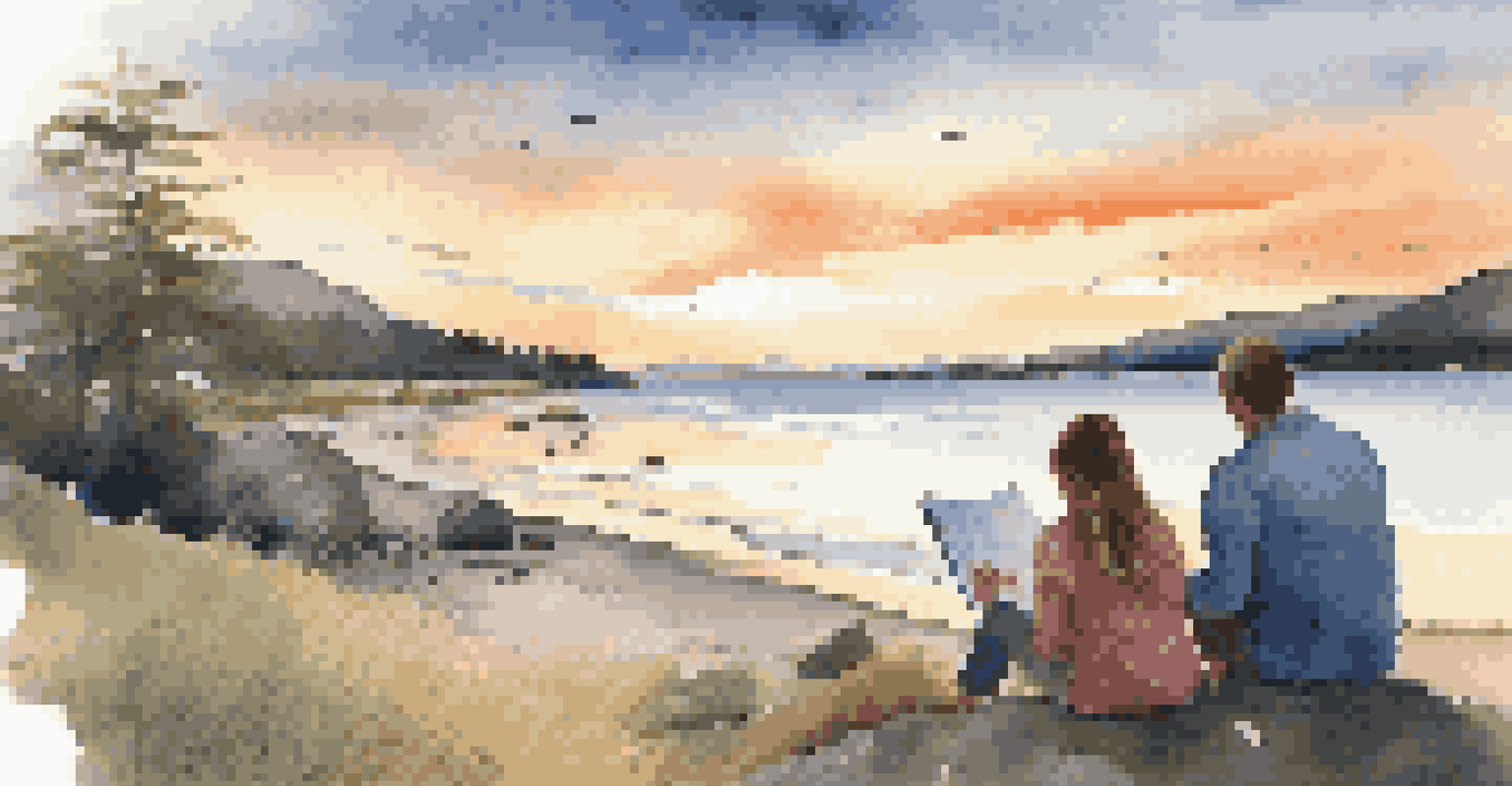 A family reflecting on their trip while looking at a travel journal in a scenic location.
