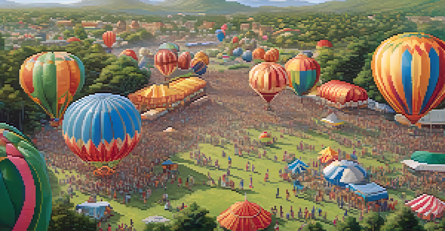 Aerial view of a festival with colorful hot air balloons and families enjoying activities.