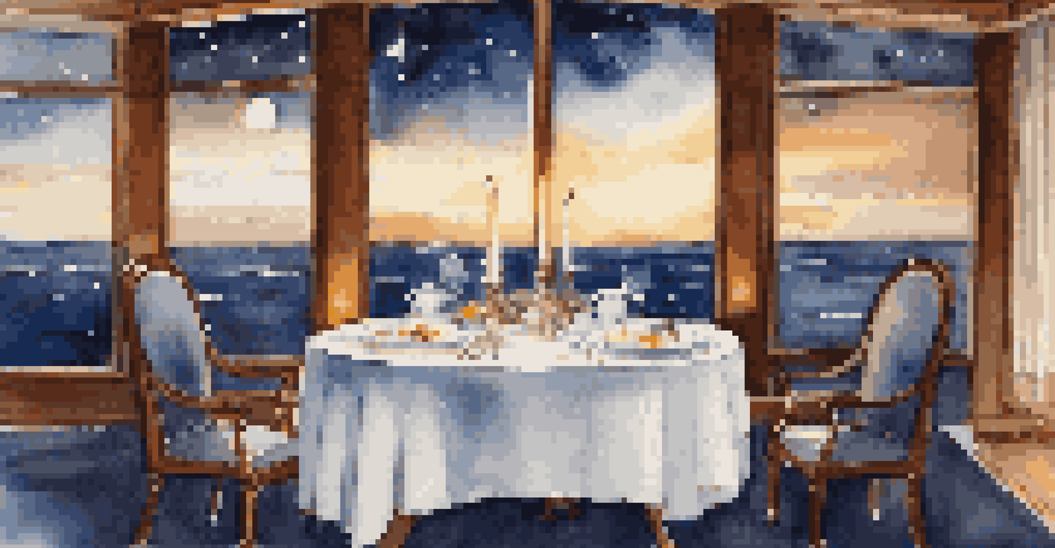 An elegantly set dining table for two on a cruise ship with a starry night sky in the background.