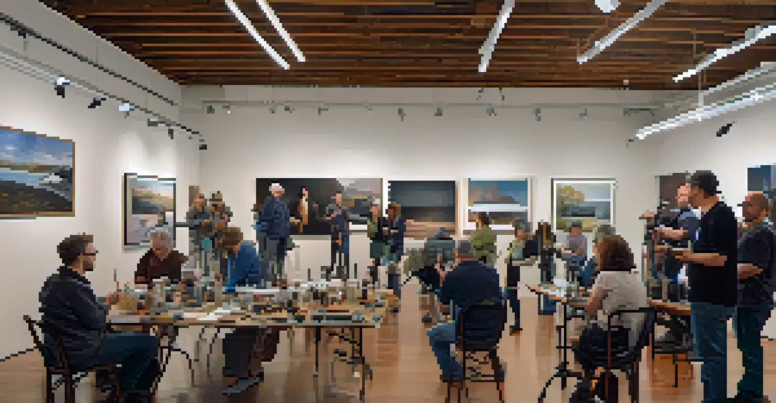 An engaging photography workshop with a mentor teaching a small group of enthusiastic photographers in a sunlit room.
