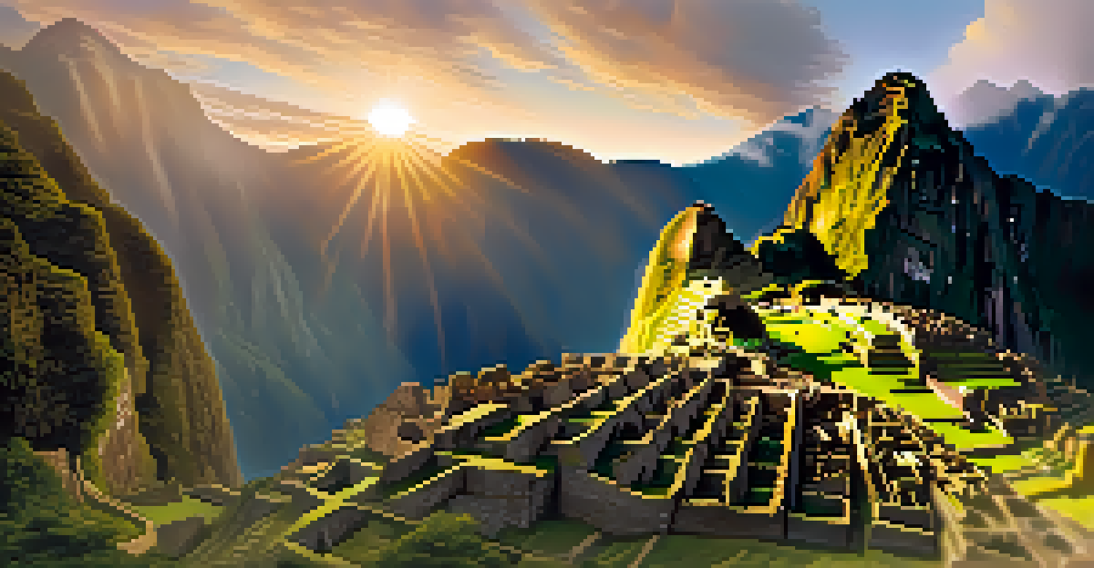 Aerial view of Machu Picchu surrounded by mountains, showcasing terraced fields and ancient stone structures.