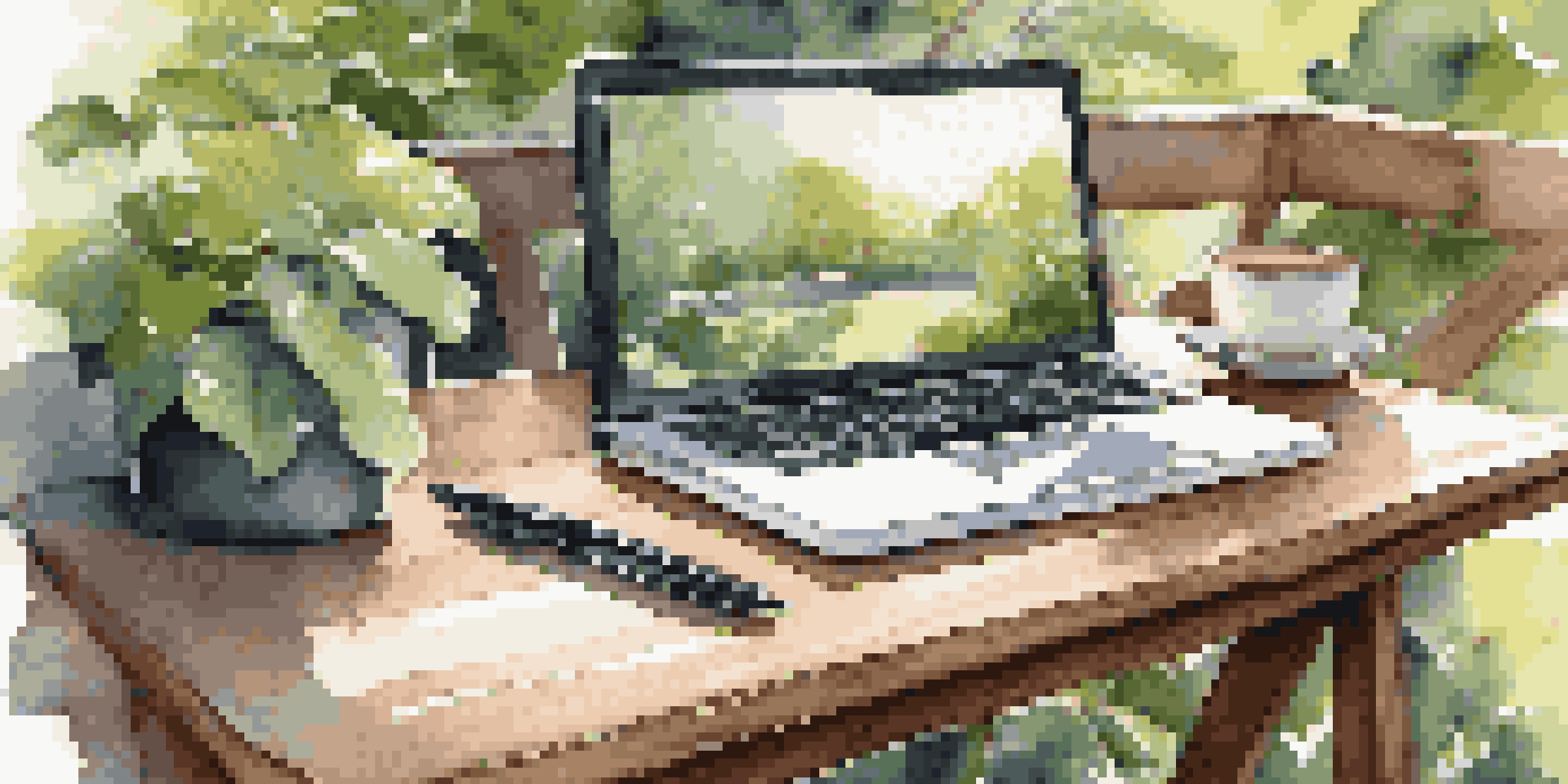 A peaceful outdoor workspace with a laptop, coffee, and notebook surrounded by greenery and sunlight.