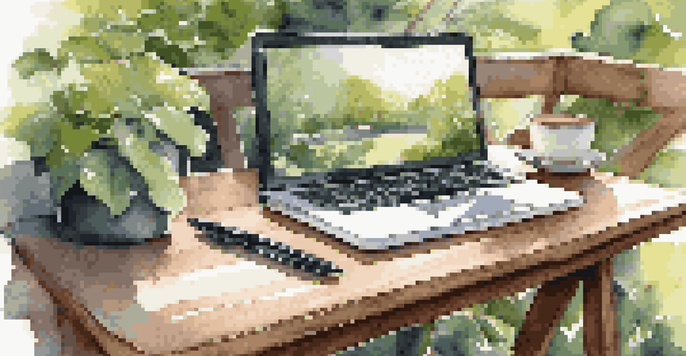 A peaceful outdoor workspace with a laptop, coffee, and notebook surrounded by greenery and sunlight.