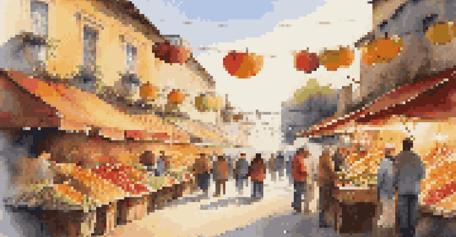 A lively outdoor market with colorful stalls, shoppers, and warm sunlight illuminating the vibrant atmosphere.