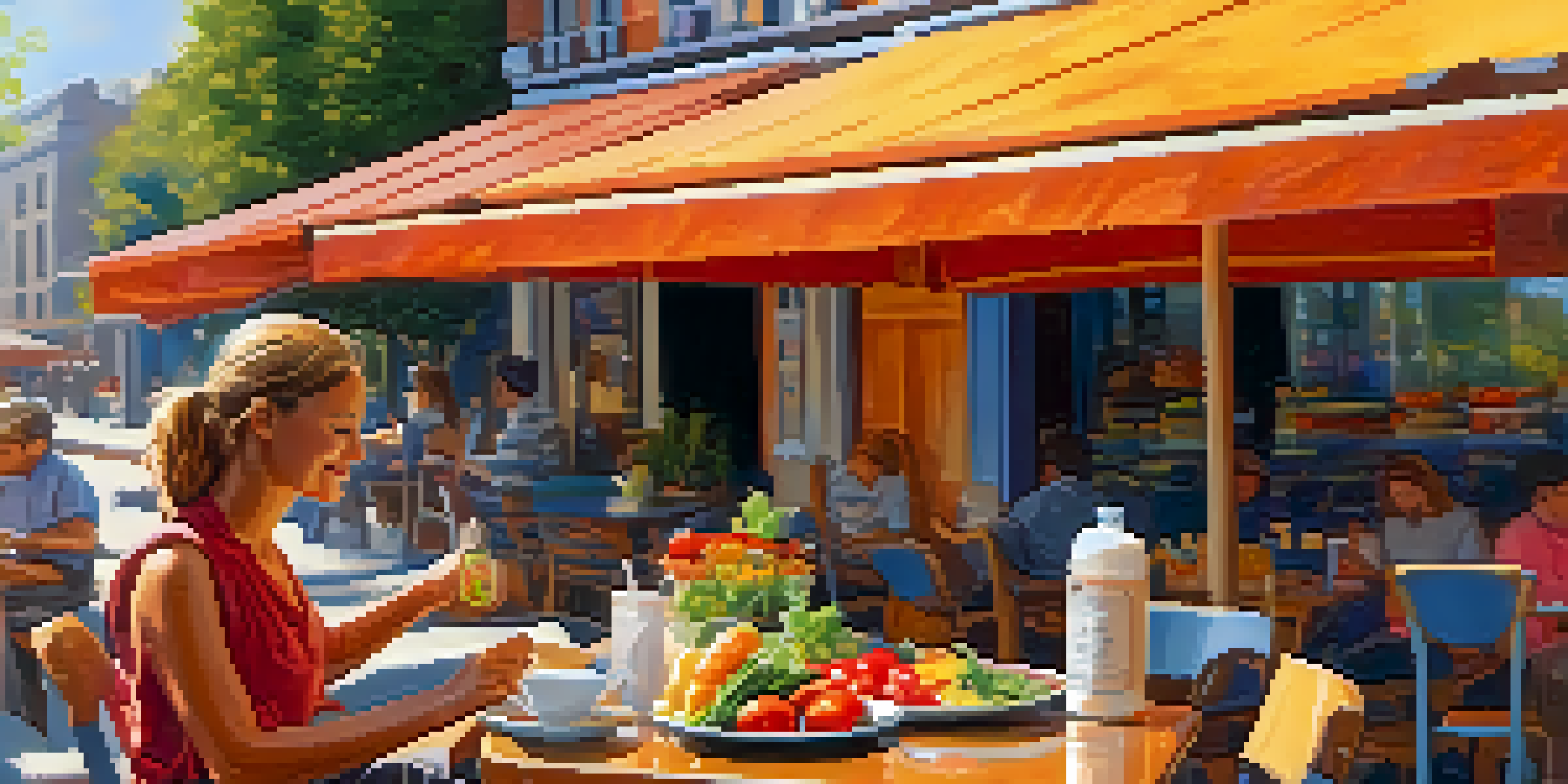 A person at an outdoor café examining a nutrition label while enjoying a colorful salad, with sunlight creating a warm ambiance.