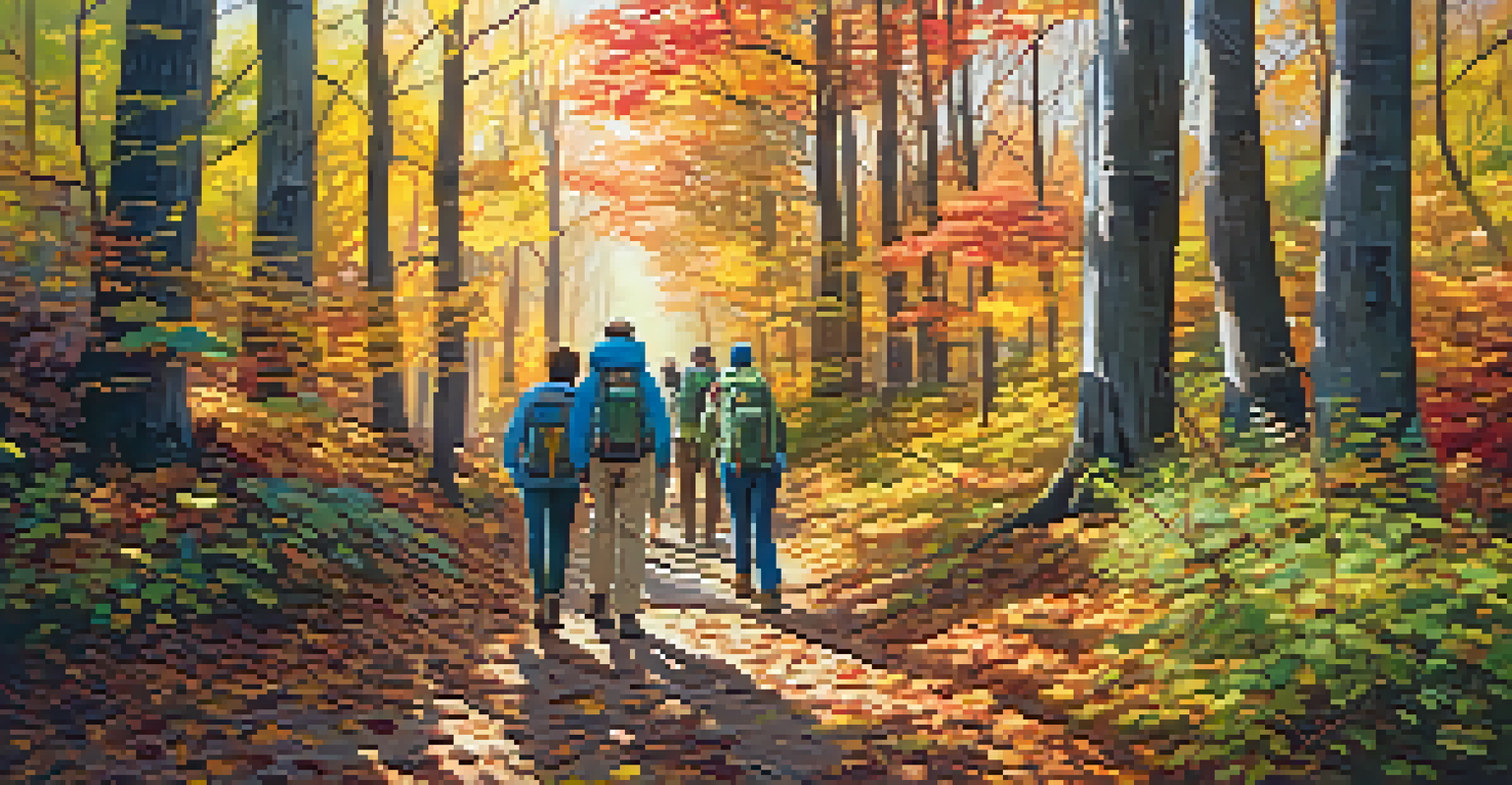 A diverse group of hikers walking through a colorful autumn forest with sunlight filtering through the trees.