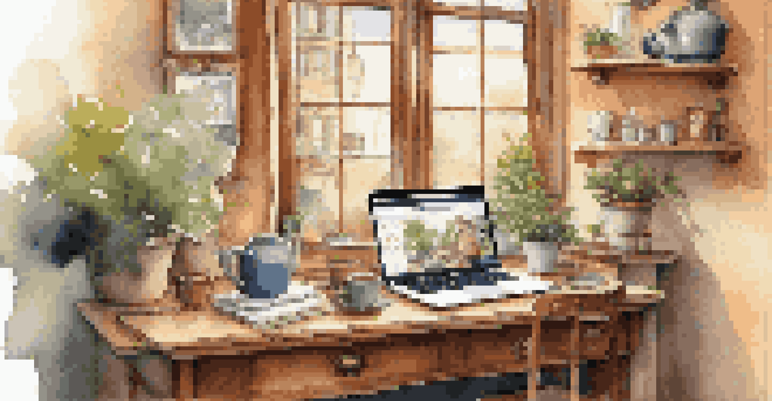 A traveler's workspace in a coffee shop with a laptop, brochures, and a cup of coffee, overlooking a busy street.