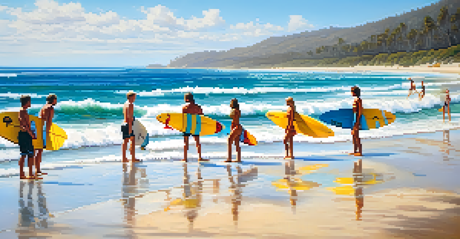 A lively Gold Coast beach scene with surfers riding waves, golden sand, and colorful umbrellas in the background.