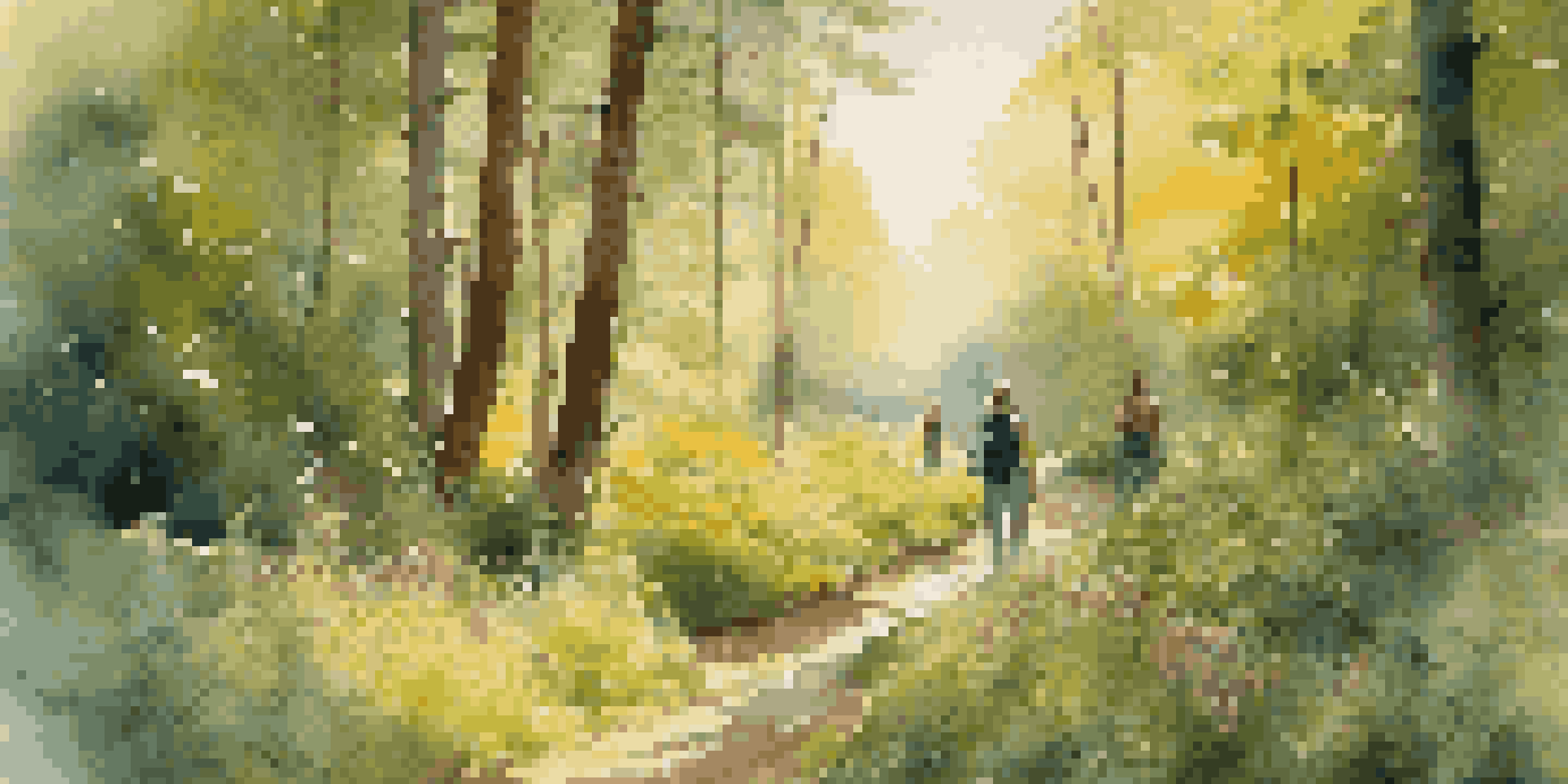 A beautiful forest scene with hikers on a trail, surrounded by sunlight and colorful wildflowers.