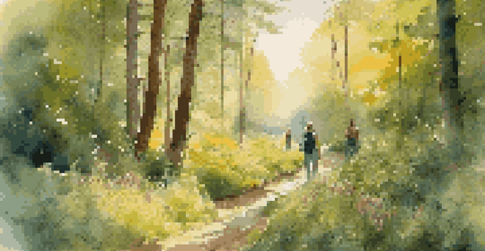 A beautiful forest scene with hikers on a trail, surrounded by sunlight and colorful wildflowers.