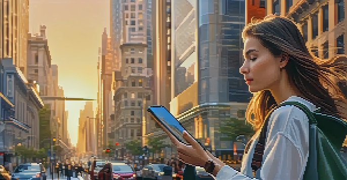 A young woman using a smartphone navigation app in a busy city, with tall buildings and a sunset in the background.