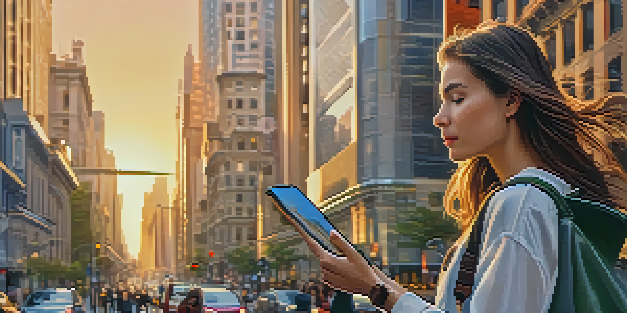 A young woman using a smartphone navigation app in a busy city, with tall buildings and a sunset in the background.