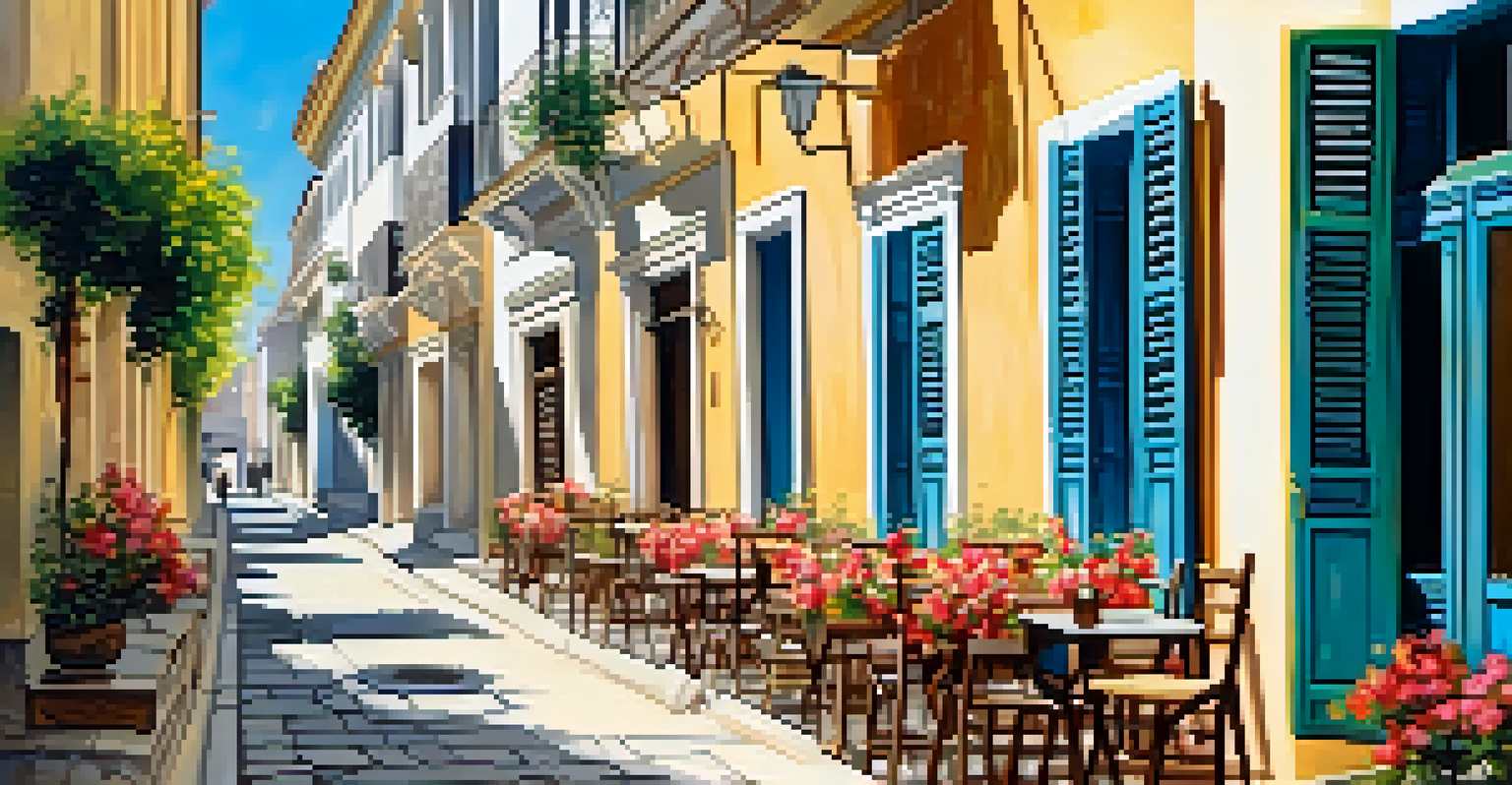 A charming alleyway in Plaka, Athens, featuring neoclassical homes, cafes, and blooming flowers under warm sunlight.
