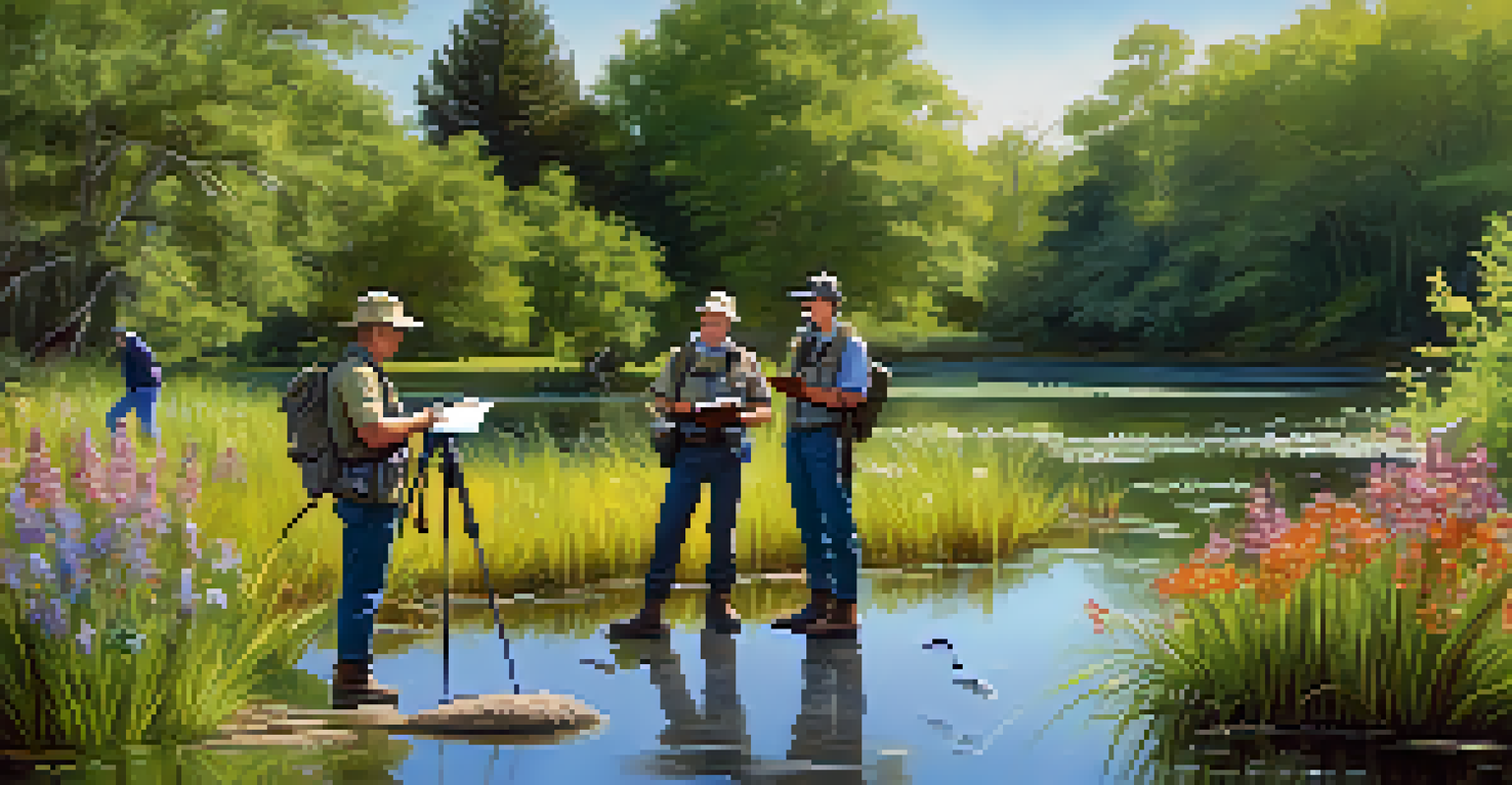 Volunteers observing birds near a pond in a national park.