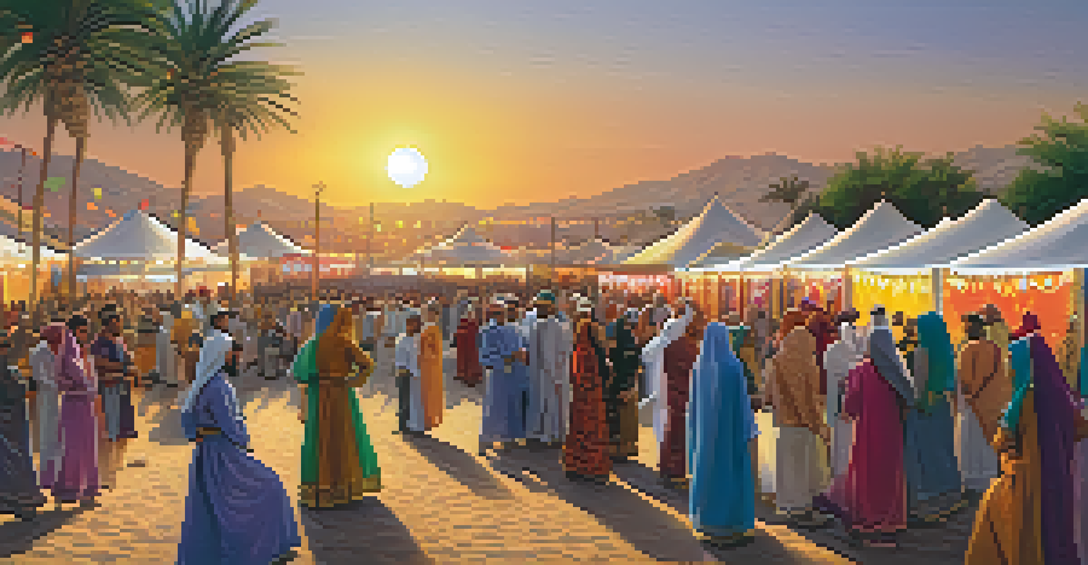 A vibrant community festival in the Middle East with traditional music, dance, and colorful attire.