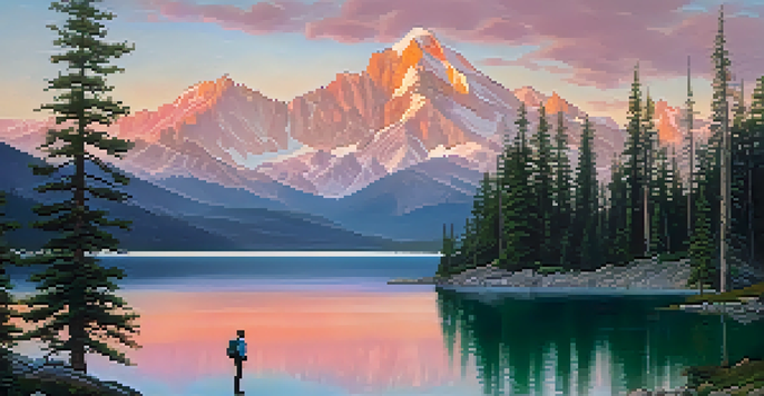 A tranquil mountain scene at sunrise, featuring a still lake and a hiker with a camera.