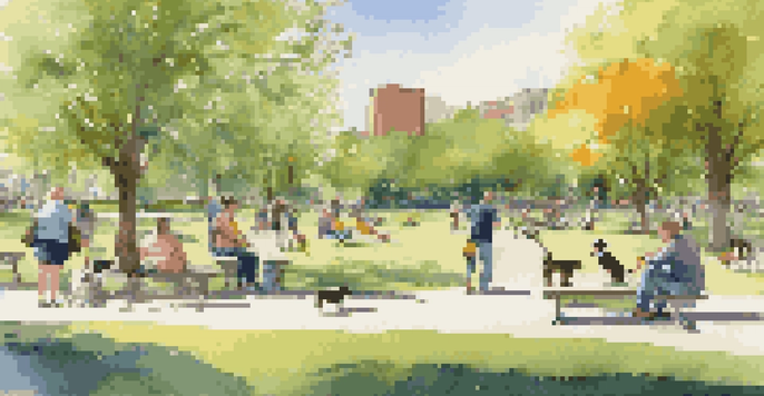 A lively city park filled with people and dogs playing together on a sunny day.