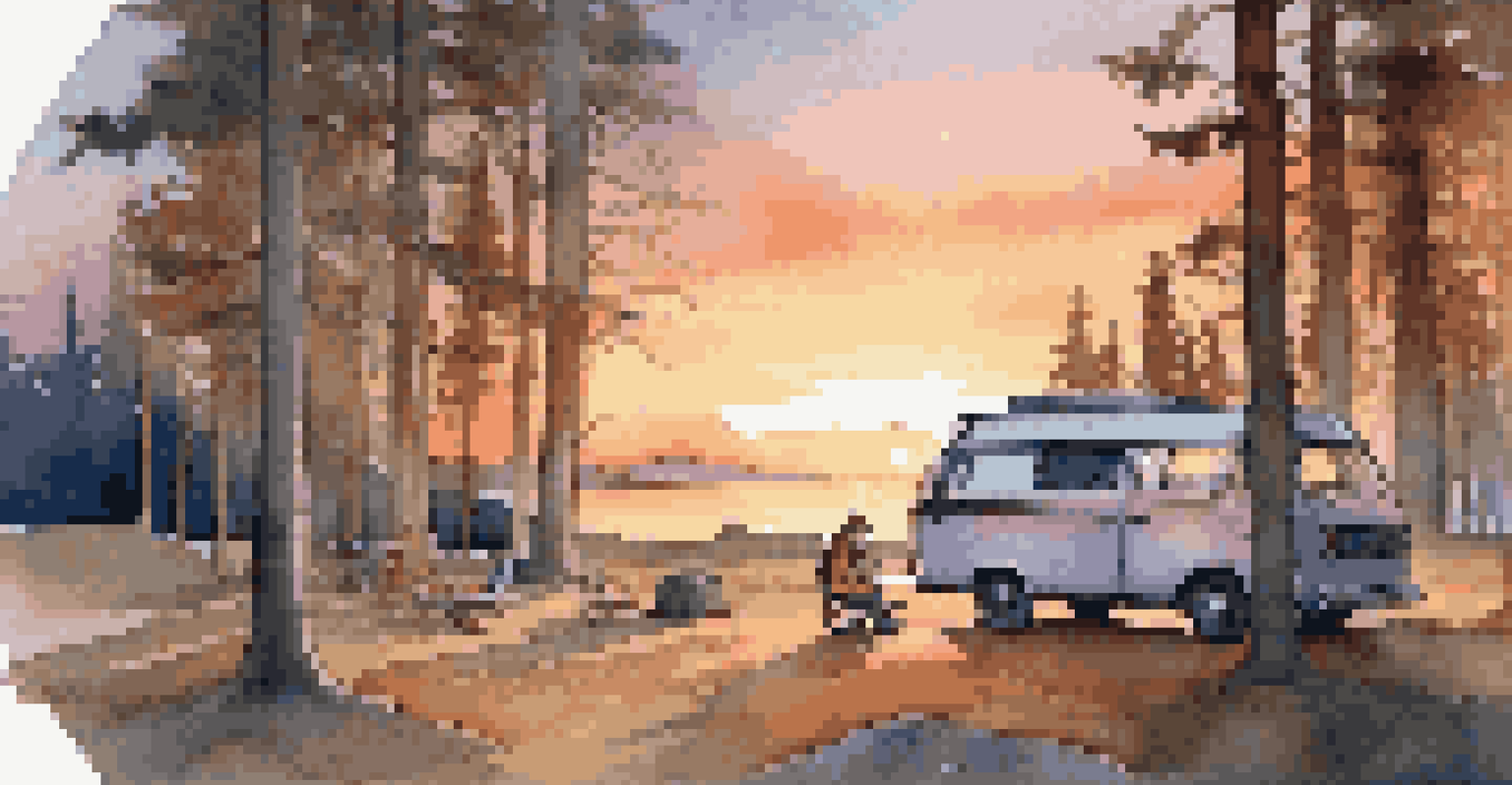 A campsite scene with a van under trees, a person using a tablet outside, and a sunset sky in warm colors.