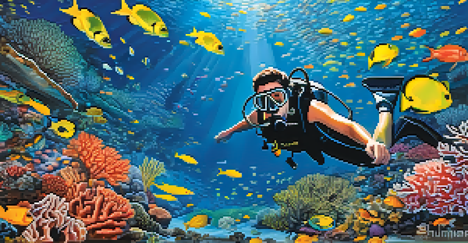 A scuba diver exploring a colorful coral reef filled with fish and corals in a clear blue ocean.