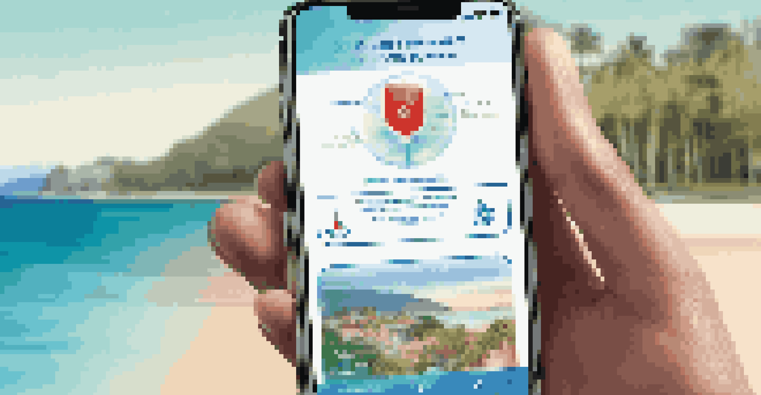 A close-up of a smartphone showing a digital health passport app with a travel destination in the blurred background.