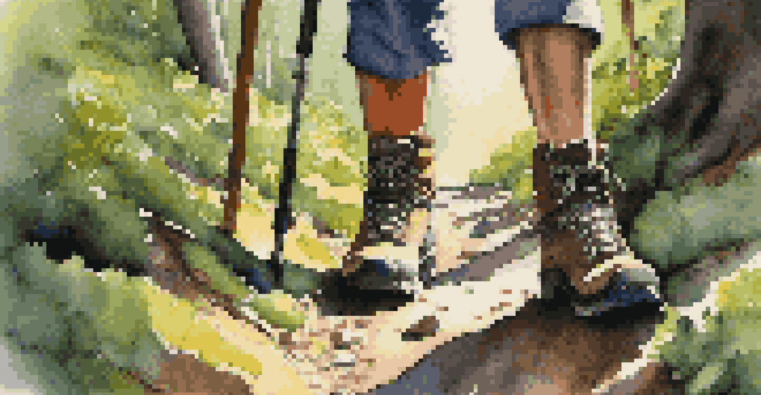 A close-up view of hiking boots on a rugged trail with greenery and sunlight filtering through the trees.